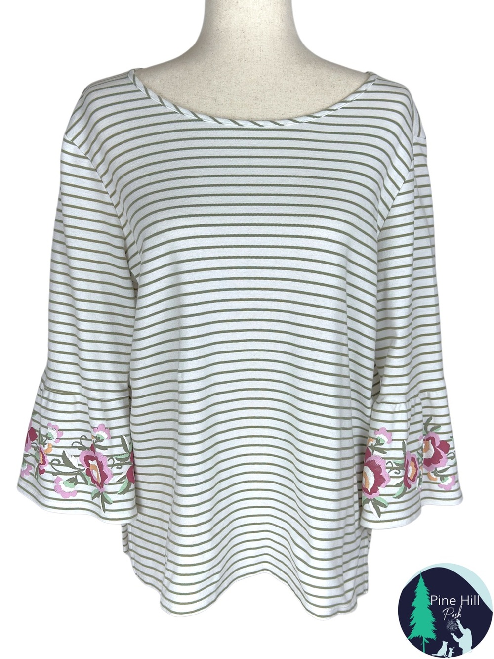 Alfred Dunner Top Womens Medium Green Stripe Floral 3/4 Bell Sleeve Cotton Blend